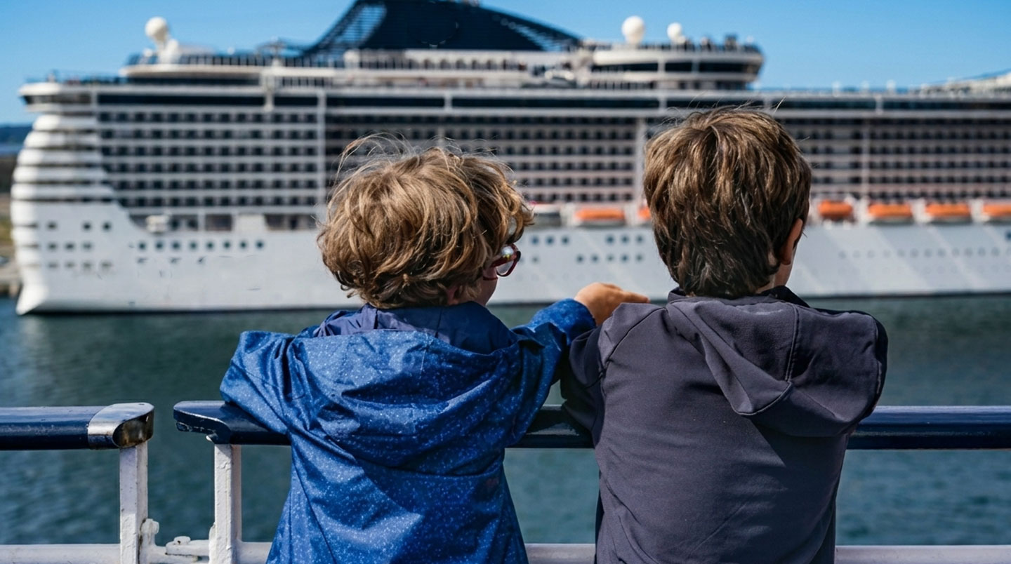 Jeune enfant le nez collé au hublot d'un ferry, regardant la mer avec émerveillement