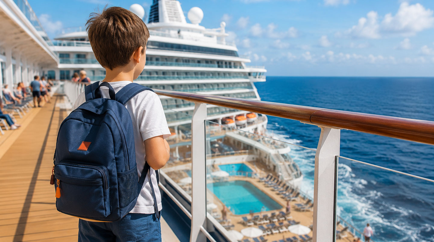 Contenu d'un sac d'activités pour enfant posé sur un siège de ferry : carnet de dessin, jeu de cartes, tablette