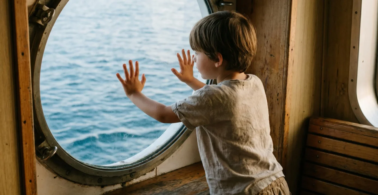 Jeune enfant le nez collé au hublot d'un ferry, regardant la mer avec émerveillement