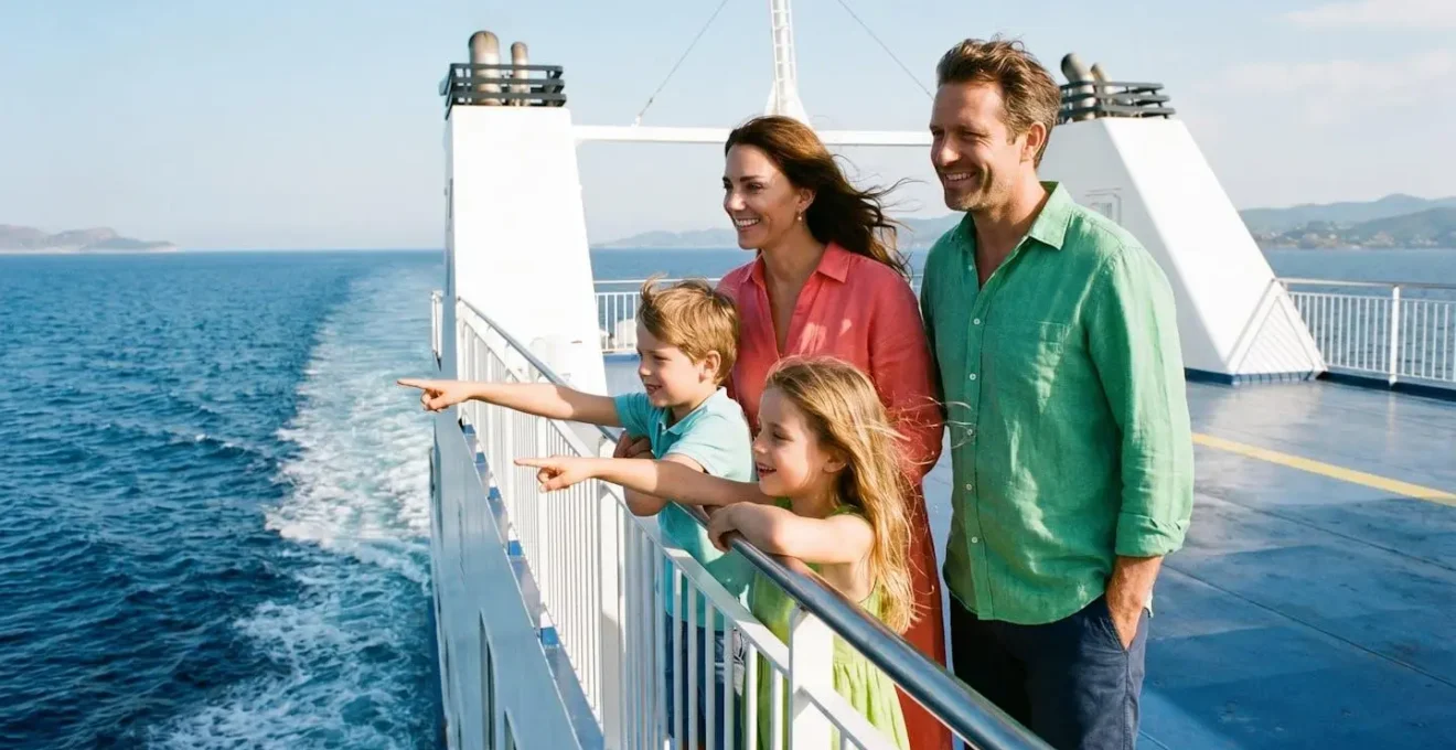 Famille avec deux enfants souriants sur le pont d'un ferry, regardant la mer en plein jour