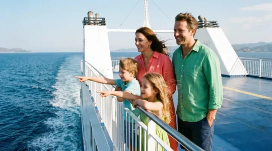 Famille avec deux enfants souriants sur le pont d'un ferry, regardant la mer en plein jour